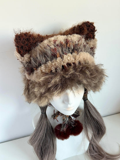 Bonnet à oreilles de chat Wilderness, Bonnet à oreilles de chat en crochet fait main, Chapeau animal douillet