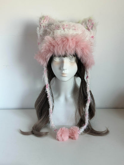 Pfirsichfarbene Mütze mit Katzenohren, handgehäkelte Beanie mit Katzenohren, weiche, niedliche Wintermütze