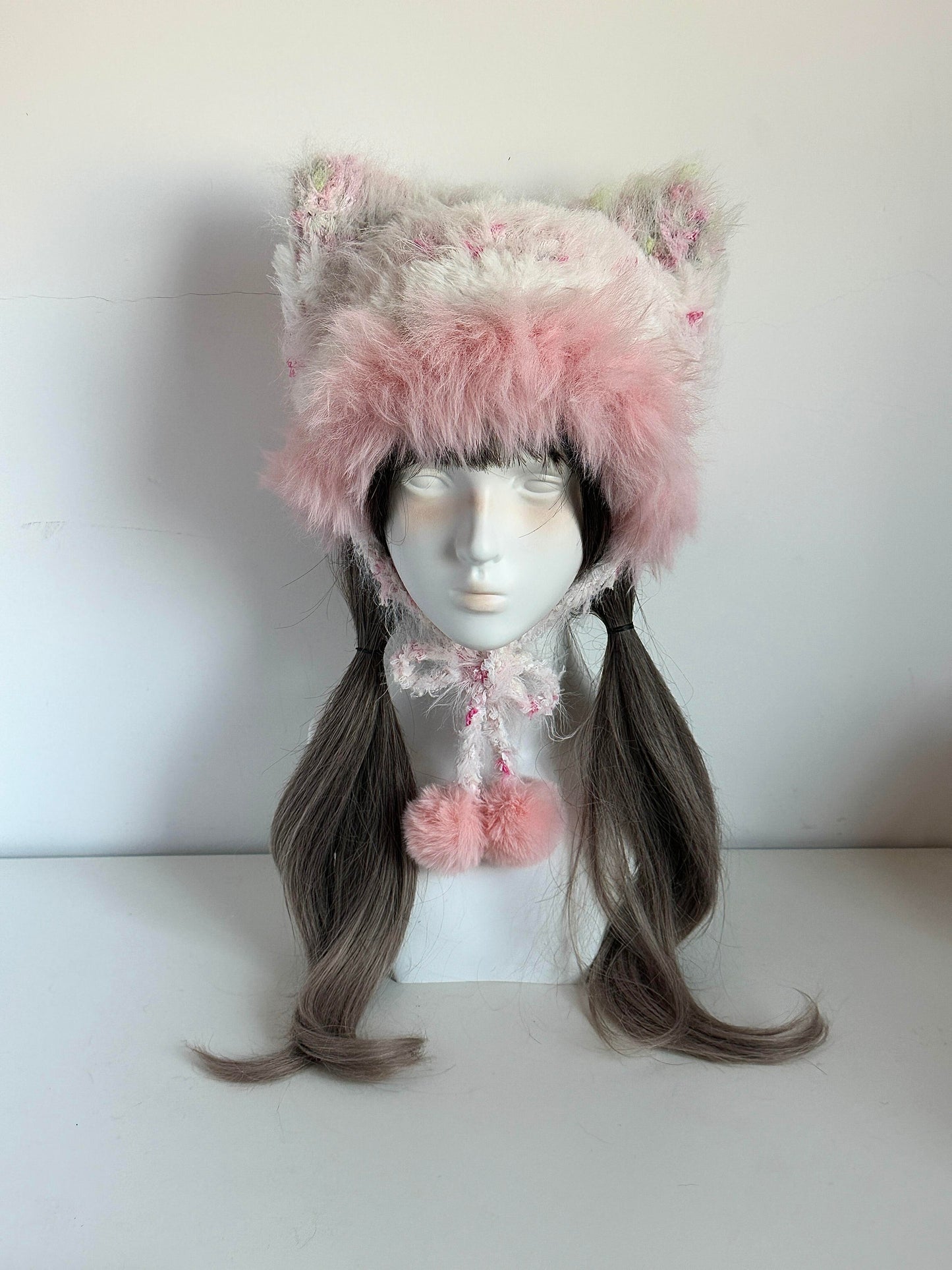 Pfirsichfarbene Mütze mit Katzenohren, handgehäkelte Beanie mit Katzenohren, weiche, niedliche Wintermütze