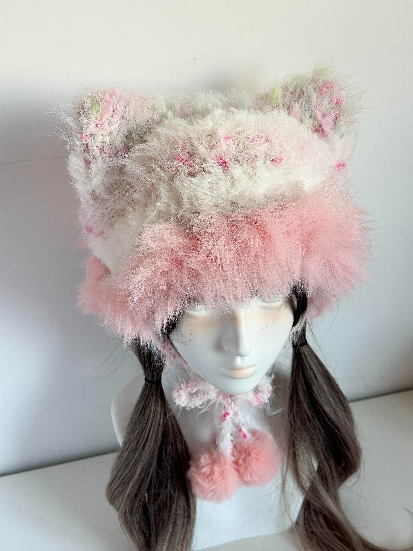 Pfirsichfarbene Mütze mit Katzenohren, handgehäkelte Beanie mit Katzenohren, weiche, niedliche Wintermütze