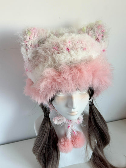 Pfirsichfarbene Mütze mit Katzenohren, handgehäkelte Beanie mit Katzenohren, weiche, niedliche Wintermütze
