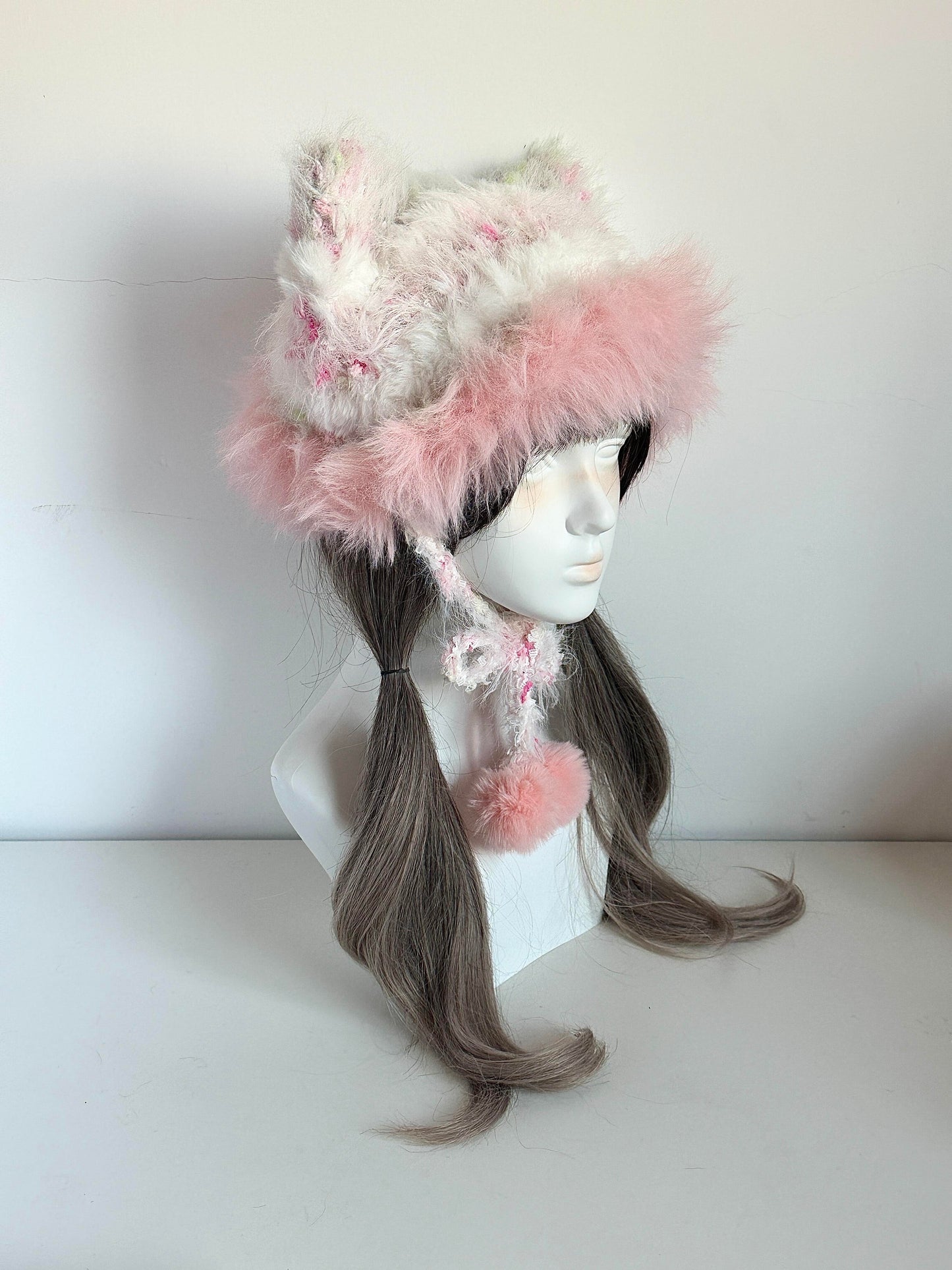 Pfirsichfarbene Mütze mit Katzenohren, handgehäkelte Beanie mit Katzenohren, weiche, niedliche Wintermütze