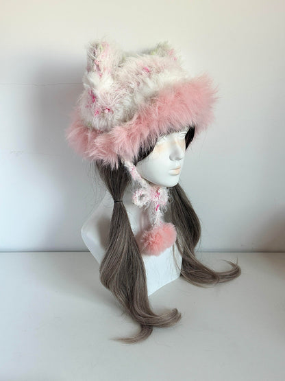 Pfirsichfarbene Mütze mit Katzenohren, handgehäkelte Beanie mit Katzenohren, weiche, niedliche Wintermütze