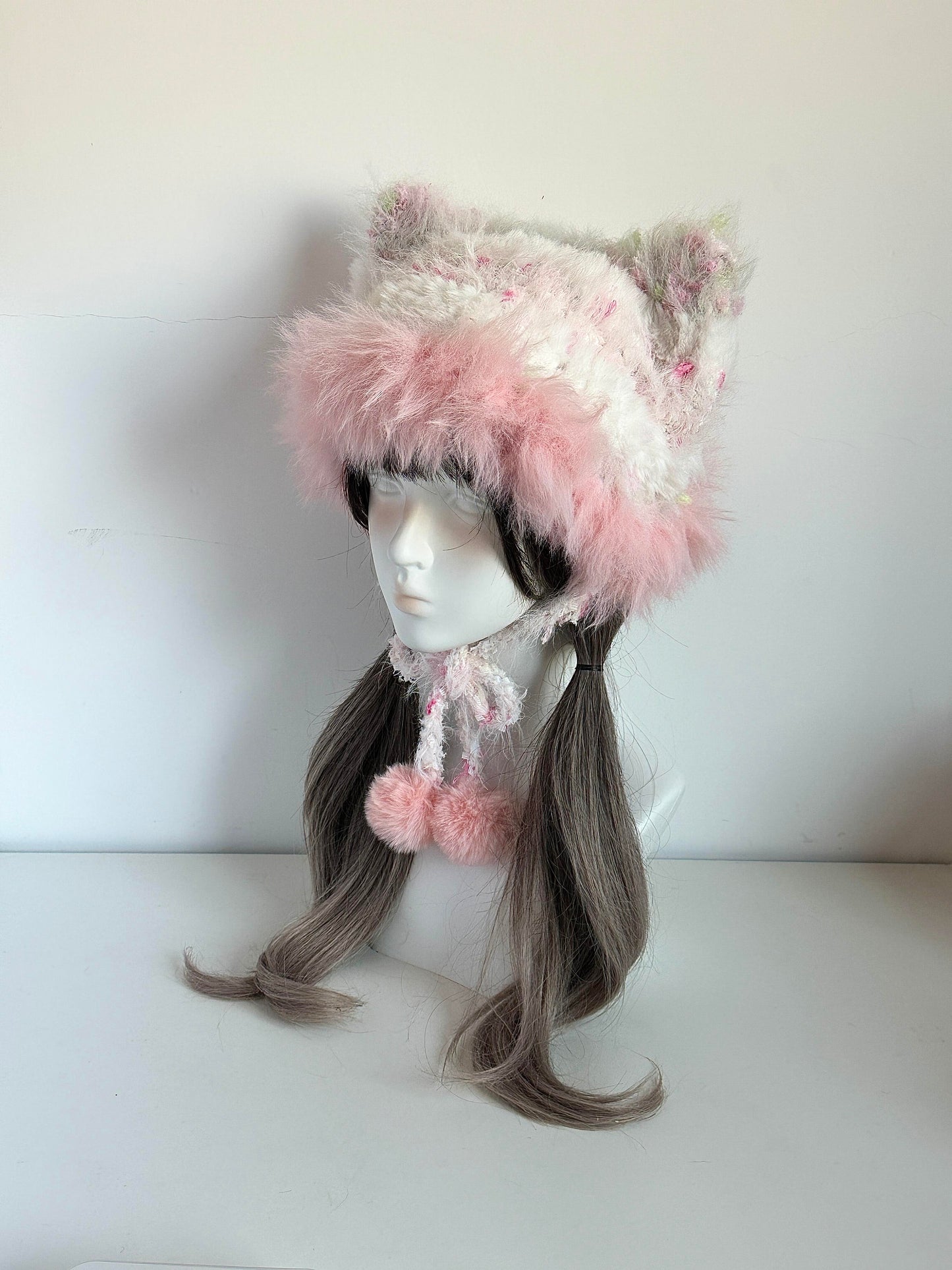 Pfirsichfarbene Mütze mit Katzenohren, handgehäkelte Beanie mit Katzenohren, weiche, niedliche Wintermütze