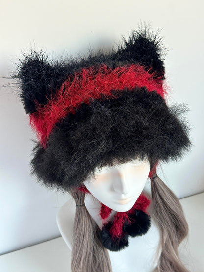 Feuerroter Hut mit Katzenohren, handgemachte Häkelmütze mit Katzenohren, auffällige Tiermütze