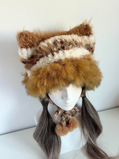Maple Cat-Eared Hat, Handmade Crochet Cat Ear Beanie, Autumn Animal Hat