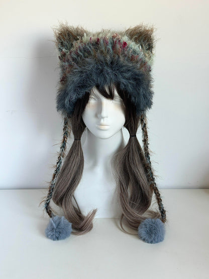 Misty Forest Cat-Eared Hat, Handmade Crochet Cat Ear Beanie, Woodland Hat