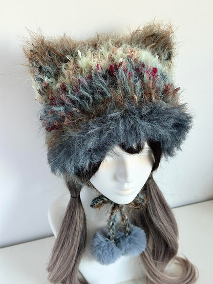 Misty Forest Cat-Eared Hat, Handmade Crochet Cat Ear Beanie, Woodland Hat