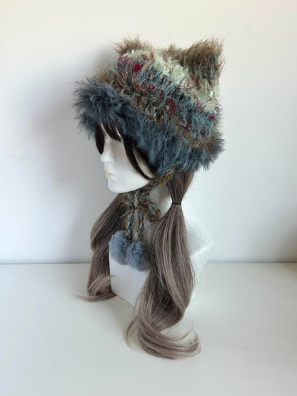 Misty Forest Cat-Eared Hat, Handmade Crochet Cat Ear Beanie, Woodland Hat