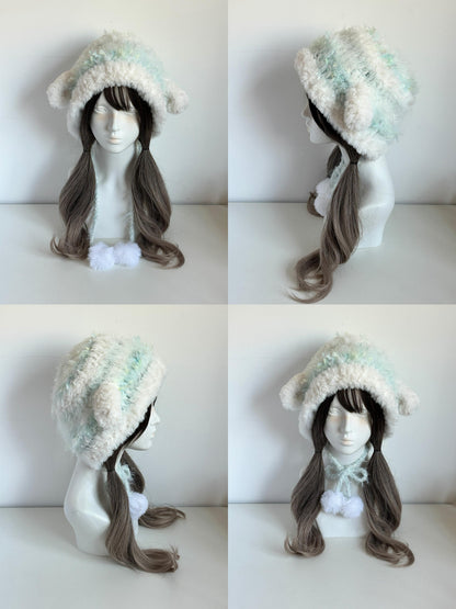 Babyblaue Lamm-Ohren-Mütze – Handgestrickte flauschige Mütze