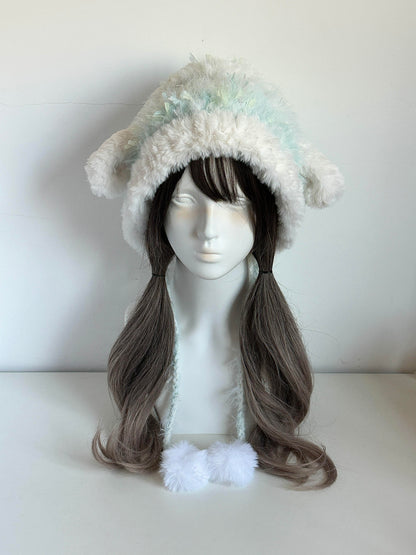 Babyblaue Lamm-Ohren-Mütze – Handgestrickte flauschige Mütze