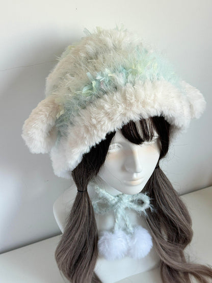 Babyblaue Lamm-Ohren-Mütze – Handgestrickte flauschige Mütze