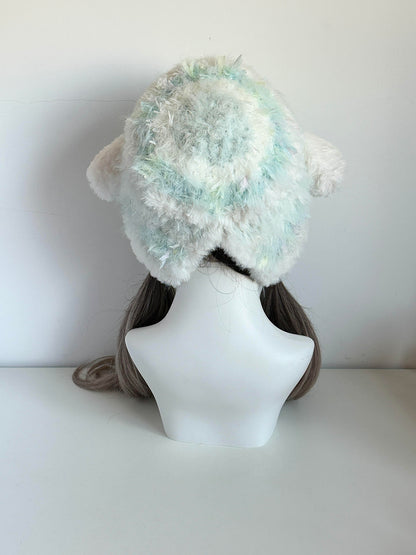 Babyblaue Lamm-Ohren-Mütze – Handgestrickte flauschige Mütze