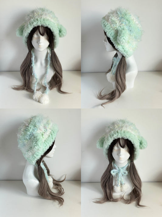 Lime Lamb Eared Beanie – Handmade Fuzzy Winter Hat