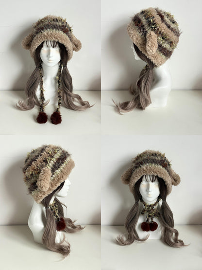 Forest Lamb Eared Beanie – Handgestrickte flauschige Mütze