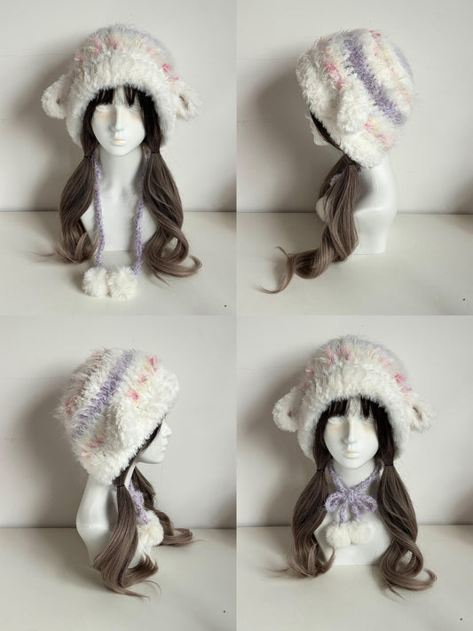 Purple & Yellow Lamb Eared Beanie – Handmade Fuzzy Hat