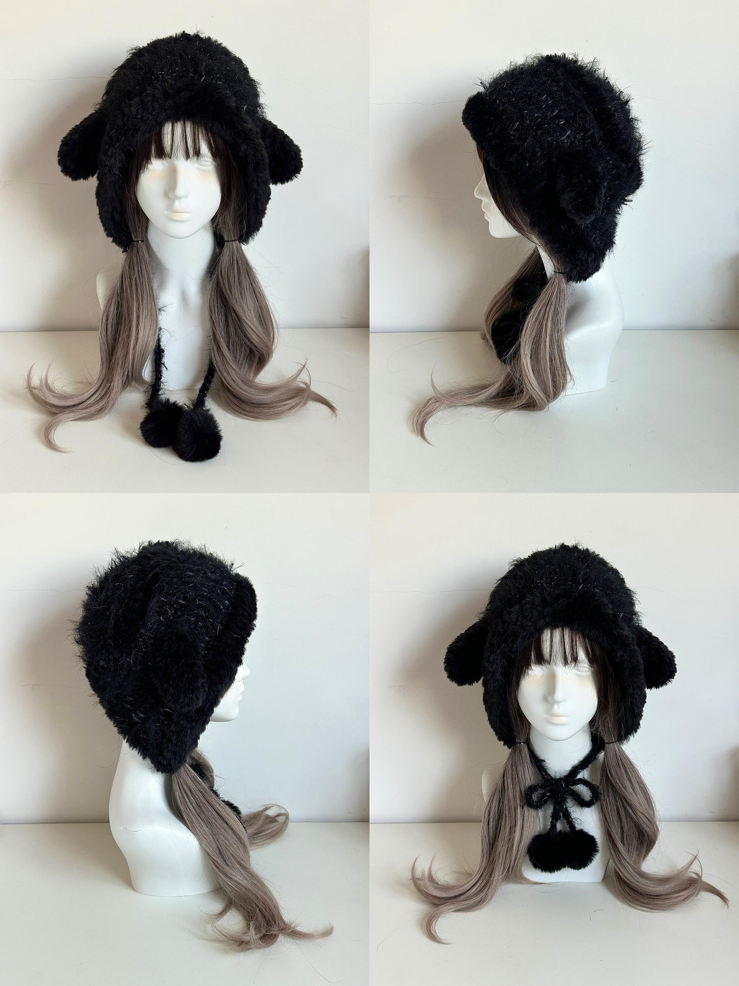 Schwarze Lammfellmütze mit Ohren – Handgestrickte flauschige Mütze