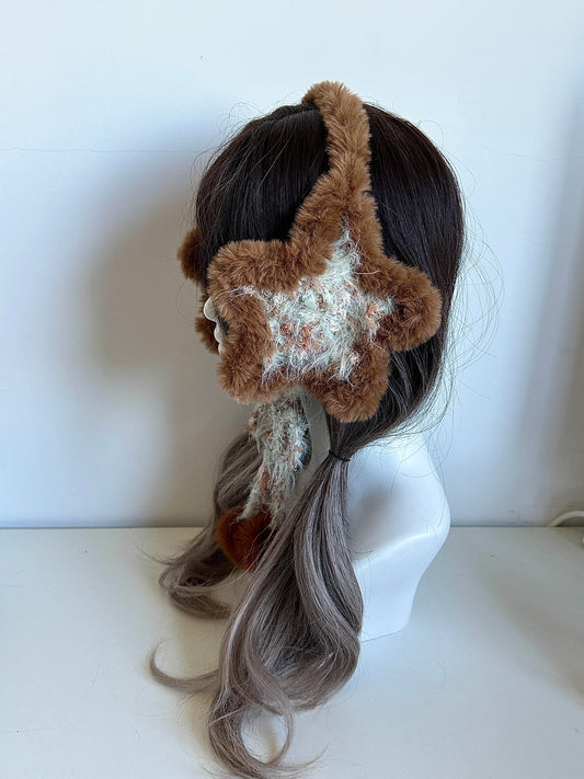 Handmade Brown Star Earmuffs, Crochet Cozy Plush Ear Warmers