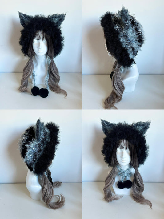 Fuchs-Ohren-Kapuze, handgemachte gehäkelte Fuchshaube, minimalistische Tierhaube in kühlen Farbtönen