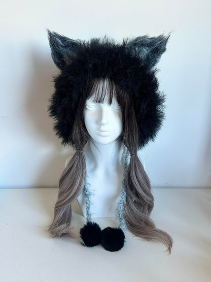 Fuchs-Ohren-Kapuze, handgemachte gehäkelte Fuchshaube, minimalistische Tierhaube in kühlen Farbtönen