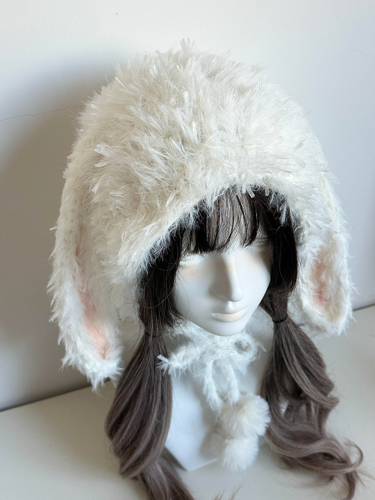 Capuche de lapin blanche à oreilles, Cagoule de lapin au crochet faite main, Bonnet à capuche animal mignon