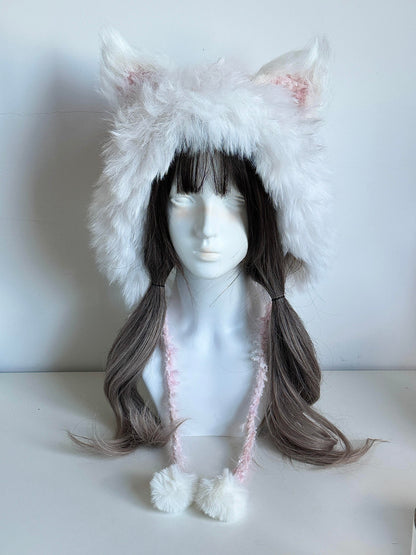 Kapuze mit Fuchsohren in Pink Mist, handgefertigte Häkel-Fuchskapuze, weiche Pastell Tier Wintermütze