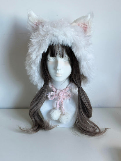 Kapuze mit Fuchsohren in Pink Mist, handgefertigte Häkel-Fuchskapuze, weiche Pastell Tier Wintermütze