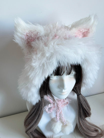Kapuze mit Fuchsohren in Pink Mist, handgefertigte Häkel-Fuchskapuze, weiche Pastell Tier Wintermütze