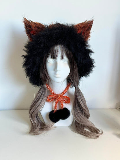 Red Fox-Eared Hood, Handmade Crochet Fox Hood, Bold Animal Winter Cosplay Hat