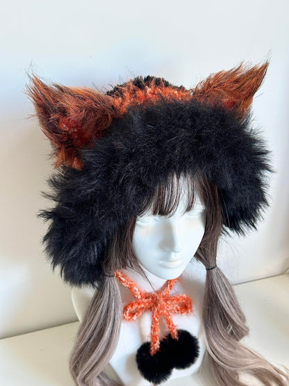 Red Fox-Eared Hood, Handmade Crochet Fox Hood, Bold Animal Winter Cosplay Hat