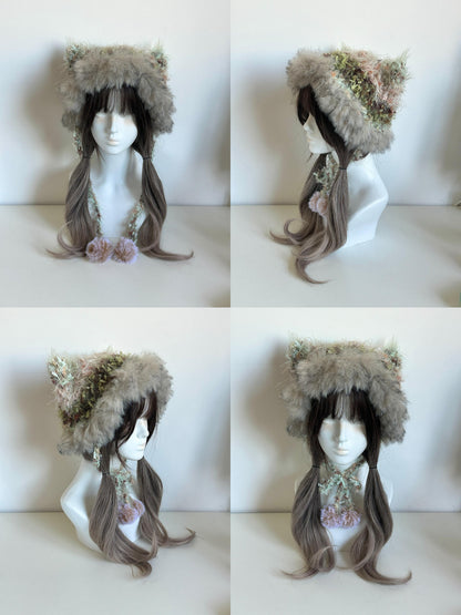 Oil Painting Cat-Eared Hat, Handmade Crochet Cat Ear Beanie, Artistic Animal Hat