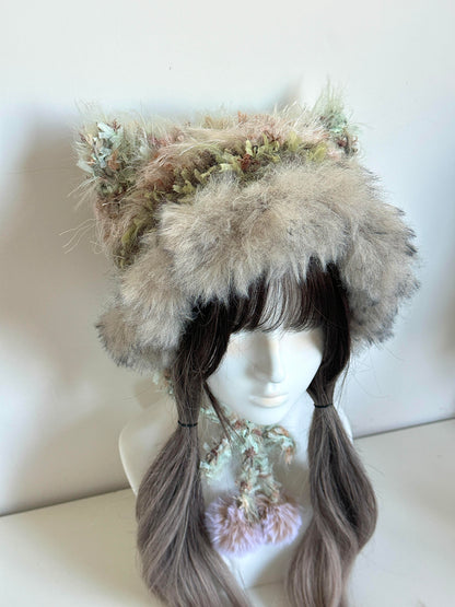 Oil Painting Cat-Eared Hat, Handmade Crochet Cat Ear Beanie, Artistic Animal Hat