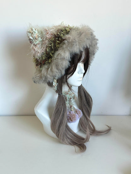 Oil Painting Cat-Eared Hat, Handmade Crochet Cat Ear Beanie, Artistic Animal Hat