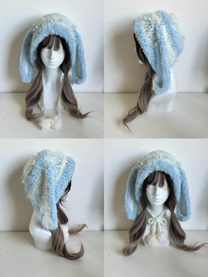 Glacier Bunny-Eared Hood, Handmade Crochet Bunny Hood, Cool Tone Animal Winter Hat