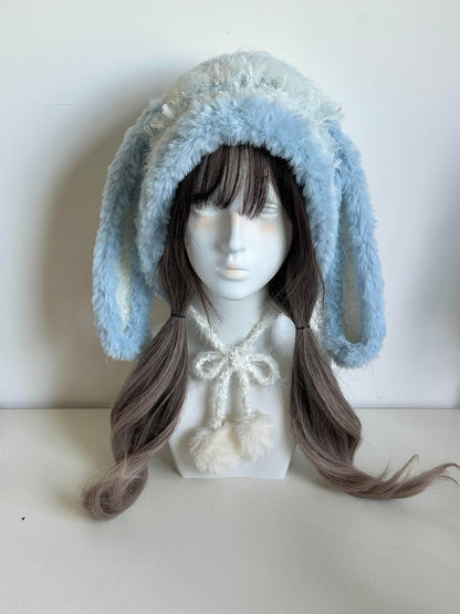 Glacier Bunny-Eared Hood, Handmade Crochet Bunny Hood, Cool Tone Animal Winter Hat