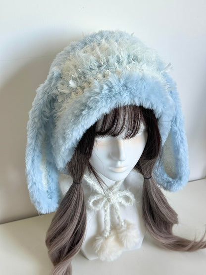 Glacier Bunny-Eared Hood, Handmade Crochet Bunny Hood, Cool Tone Animal Winter Hat