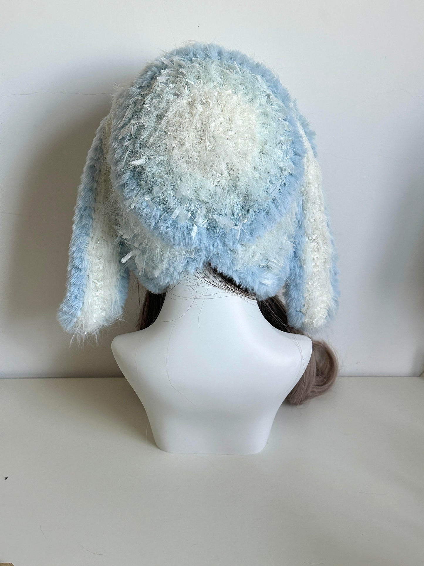 Glacier Bunny-Eared Hood, Handmade Crochet Bunny Hood, Cool Tone Animal Winter Hat