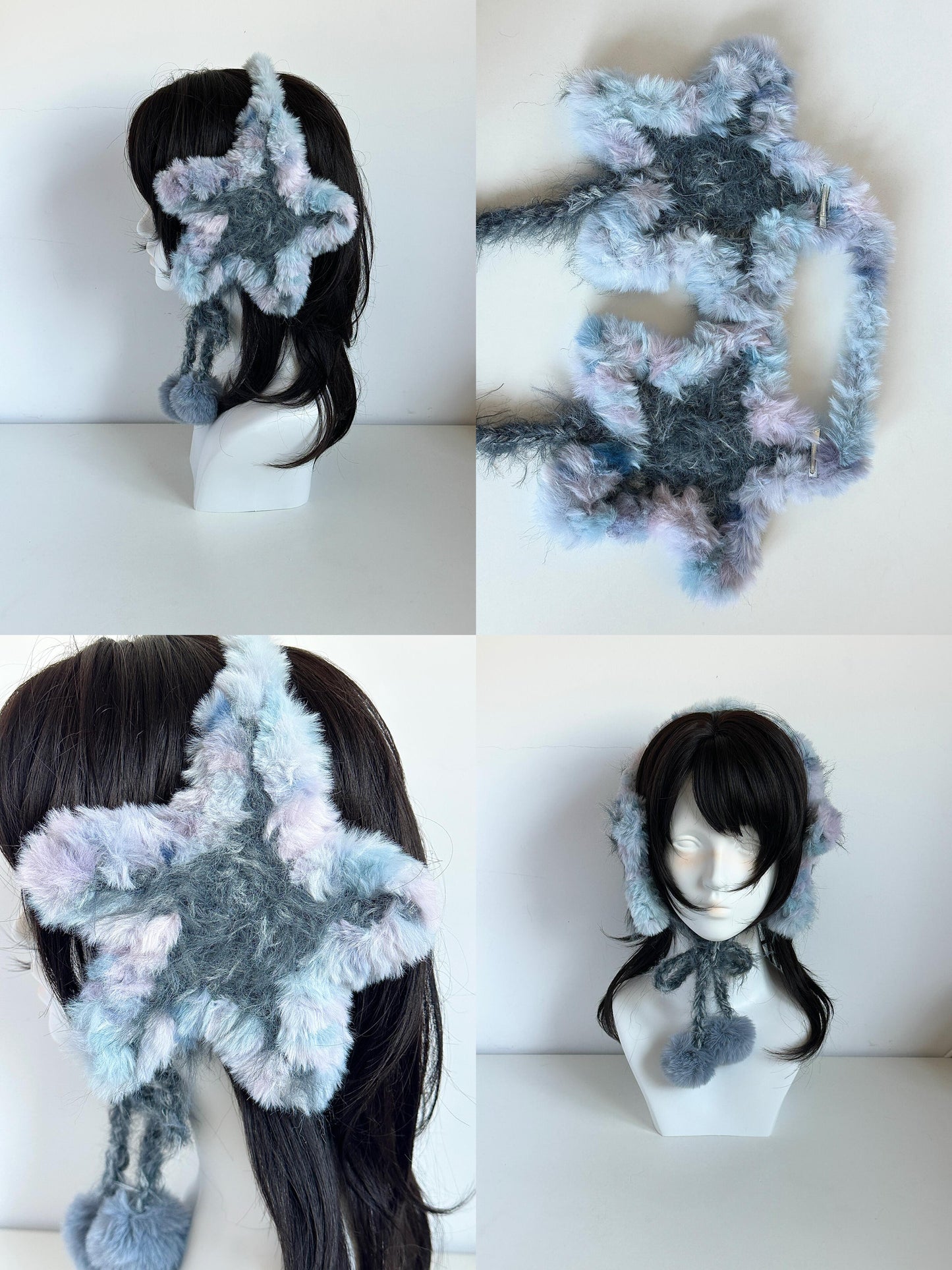Handgemachte blau-graue Stern-Ohrenschützer mit breitem Stirnband, gehäkelte Plüsch-Fairycore-Ohrwärmer