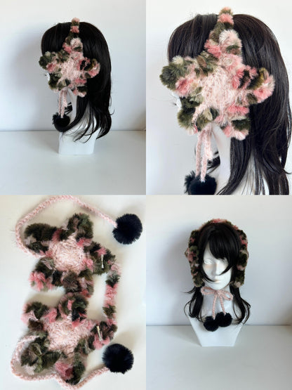 Handgemachte pink-grüne Stern-Ohrenschützer mit breitem Stirnband, gehäkelte Plüsch-Fairycore-Ohrwärmer