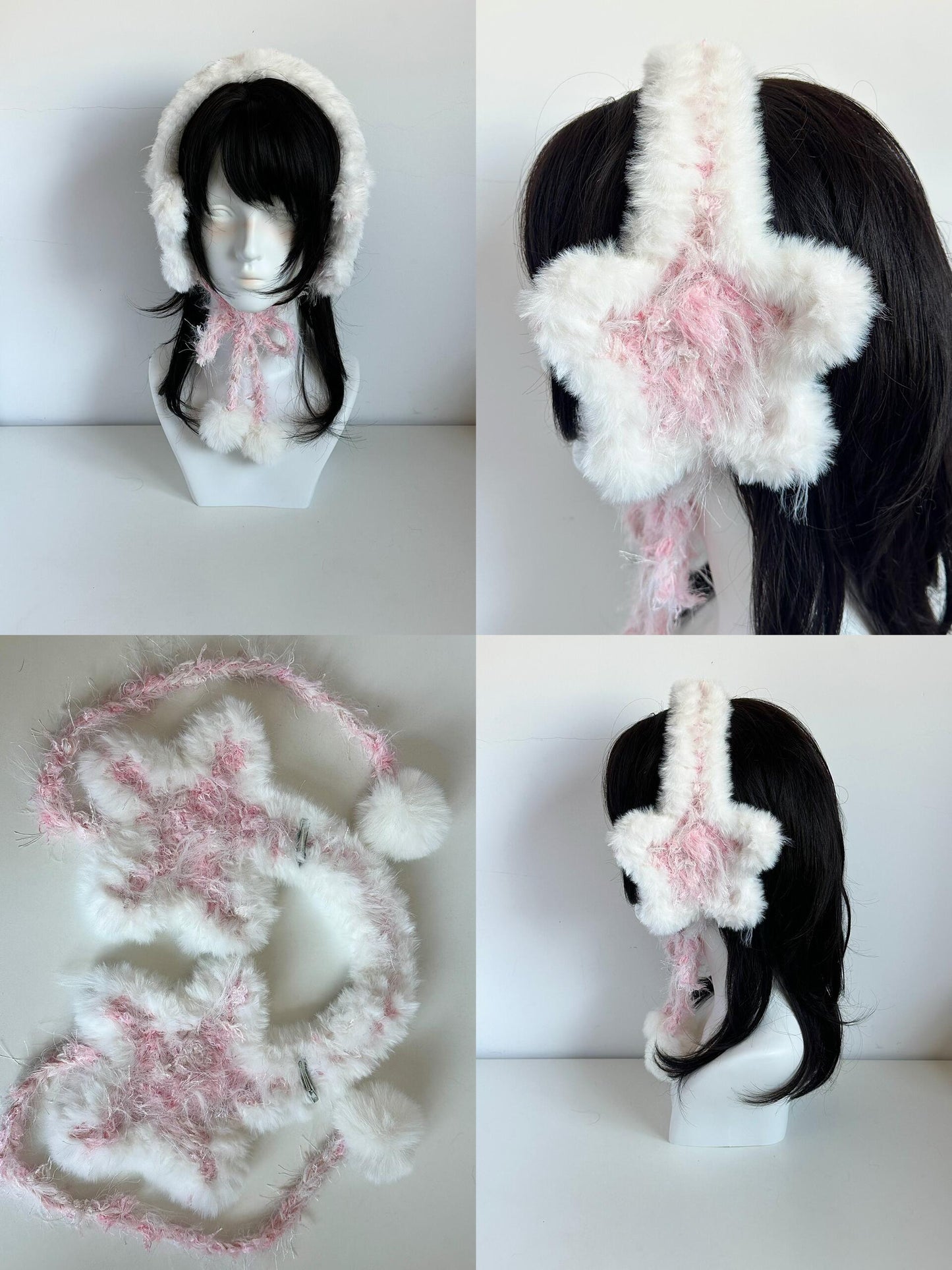 Cache-oreilles étoile roses et blancs faits à la main, cache-oreilles en peluche pastel au crochet