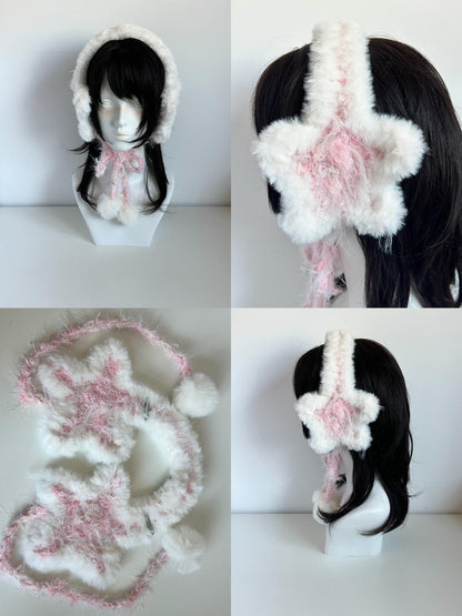 Cache-oreilles étoile roses et blancs faits à la main, cache-oreilles en peluche pastel au crochet
