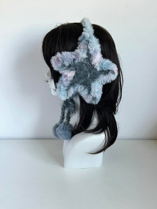 Handmade Blue Grey Star Earmuffs with Wide Headband, Crochet Plush Fairycore Ear Warmers