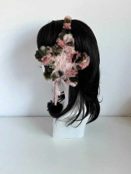 Handmade Pink Green Star Earmuffs with Wide Headband, Crochet Plush Fairycore Ear Warmers