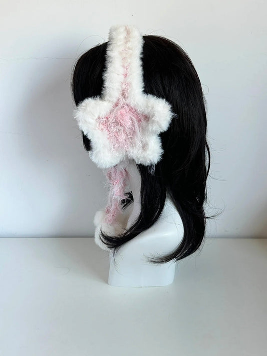 Handmade Pink White Star Earmuffs, Crochet Pastel Plush Ear Warmers