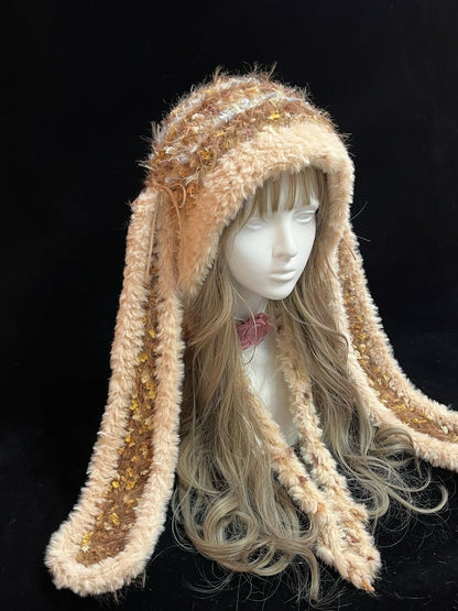 Brown Bunny-Eared Hood, Handmade Crochet Bunny Hood, Cozy Earth Tone Winter Hat