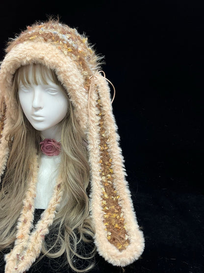 Brown Bunny-Eared Hood, Handmade Crochet Bunny Hood, Cozy Earth Tone Winter Hat