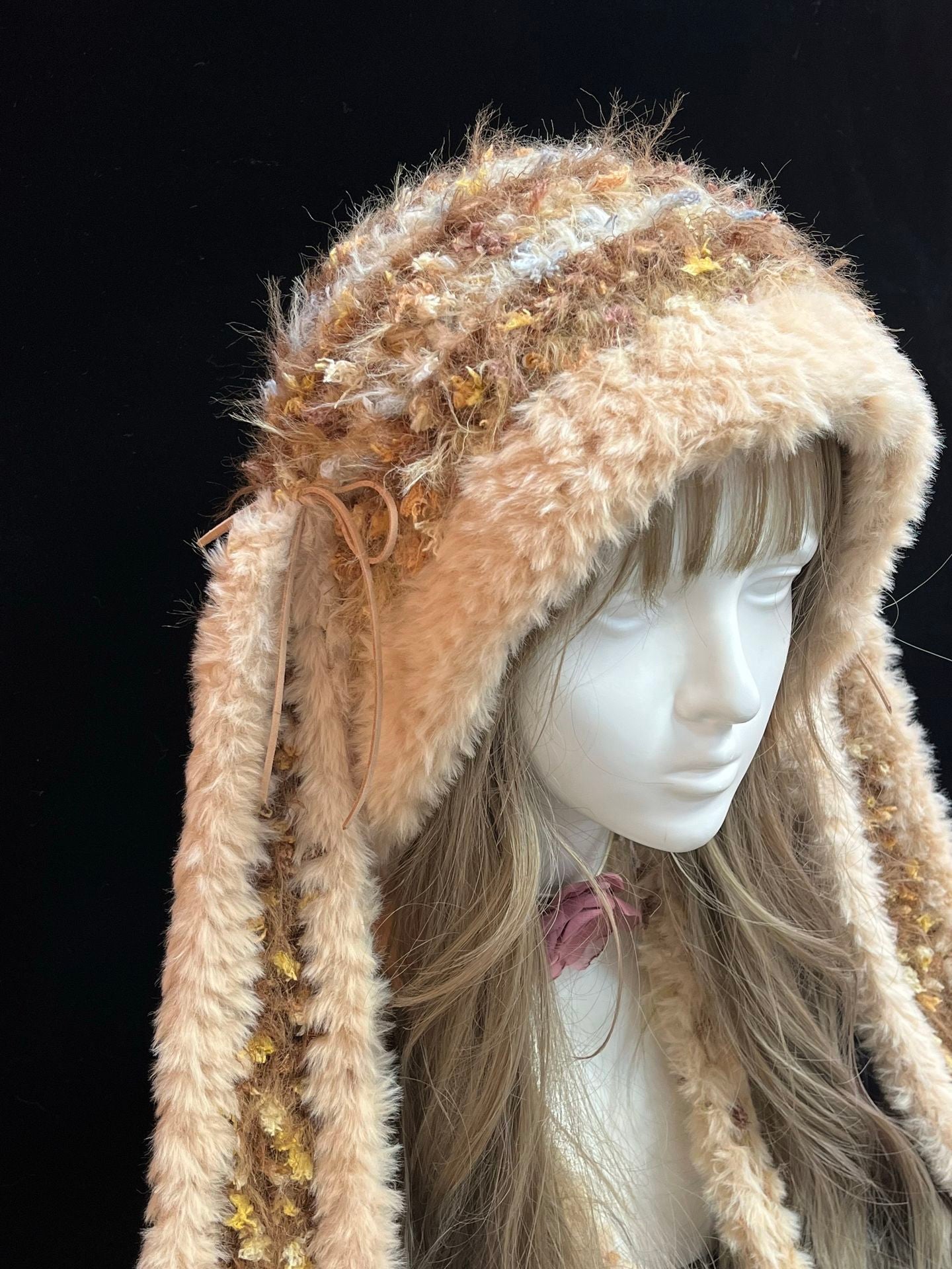 Brown Bunny-Eared Hood, Handmade Crochet Bunny Hood, Cozy Earth Tone Winter Hat