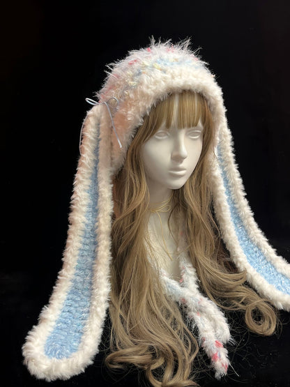 Blauer Kapuzenpullover mit Hasenohren, Handgehäkelter Hasenkapuzenpullover, Niedliche Tierkapuzenmütze