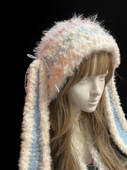 Blauer Kapuzenpullover mit Hasenohren, Handgehäkelter Hasenkapuzenpullover, Niedliche Tierkapuzenmütze