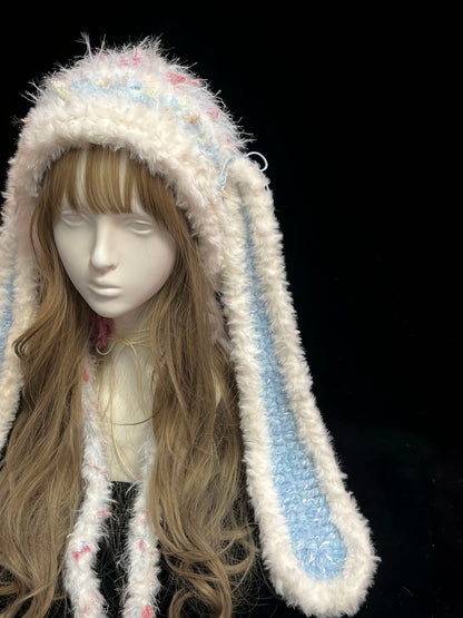 Blauer Kapuzenpullover mit Hasenohren, Handgehäkelter Hasenkapuzenpullover, Niedliche Tierkapuzenmütze